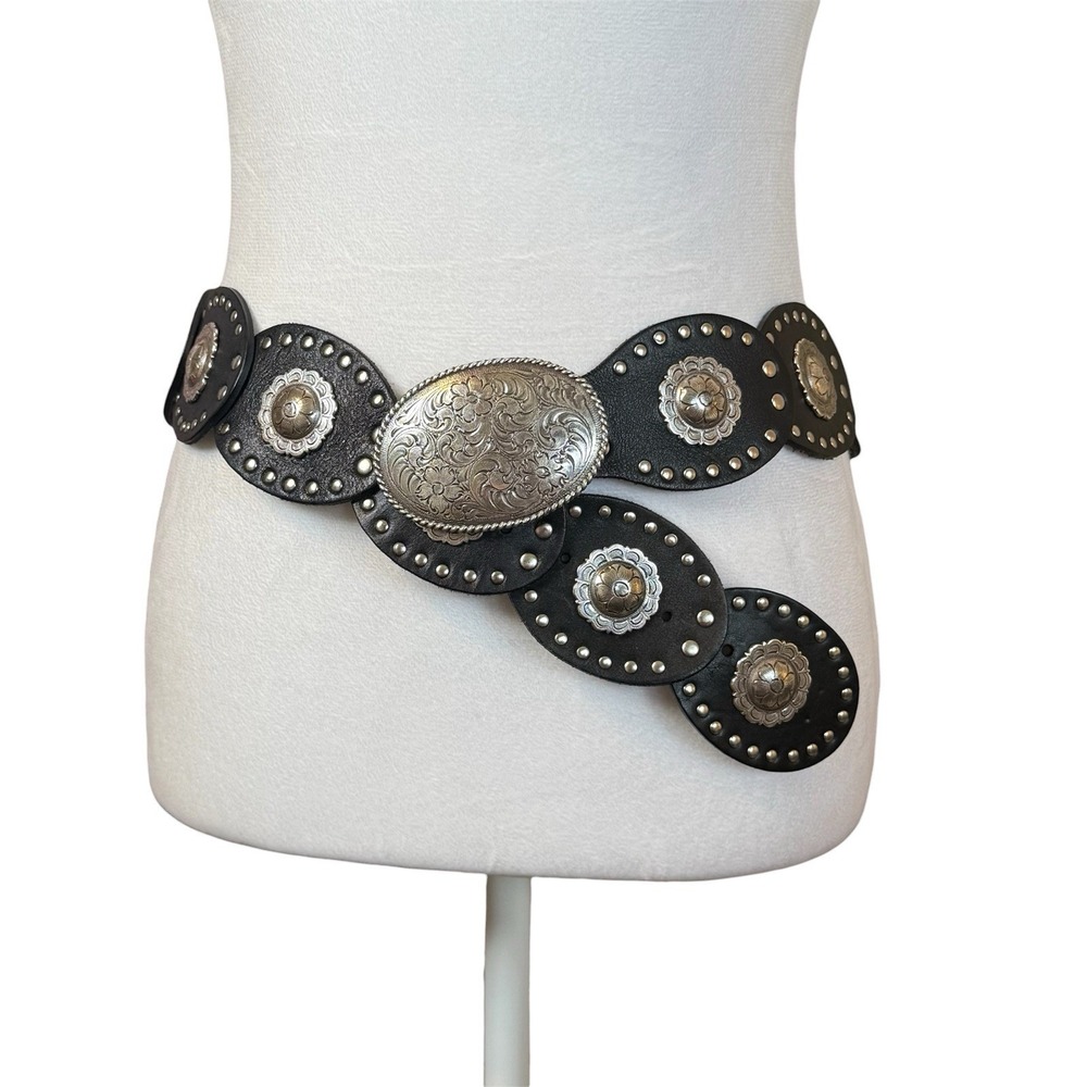 Fossil Leather Studded Western Concho Belt Black Buckle Wide Boho Flower Large - Picture 2 of 11